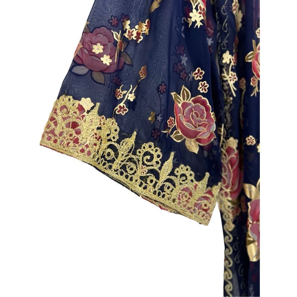 2 Piece Indian Outfit Sheer Robe & Dress Blue and Gold Floral Embroidery Tunic - Picture 9 of 14